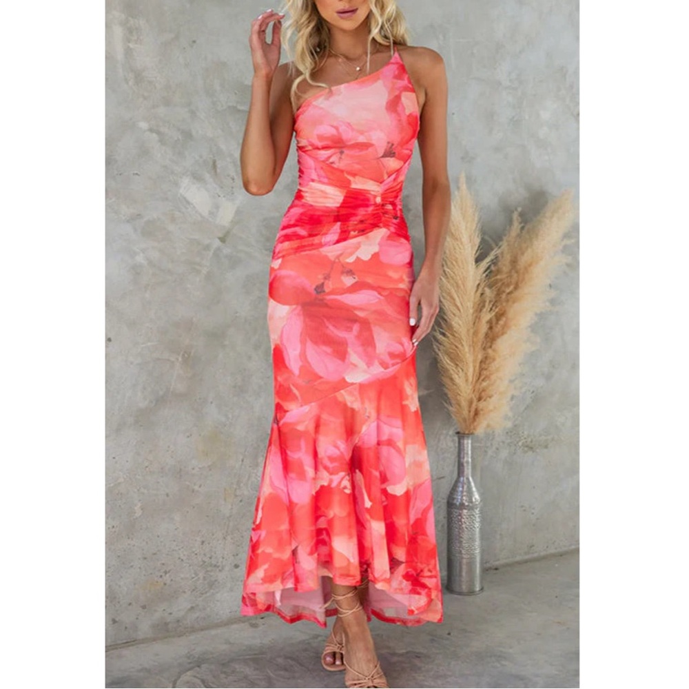 One shoulder mesh overlay floral dress